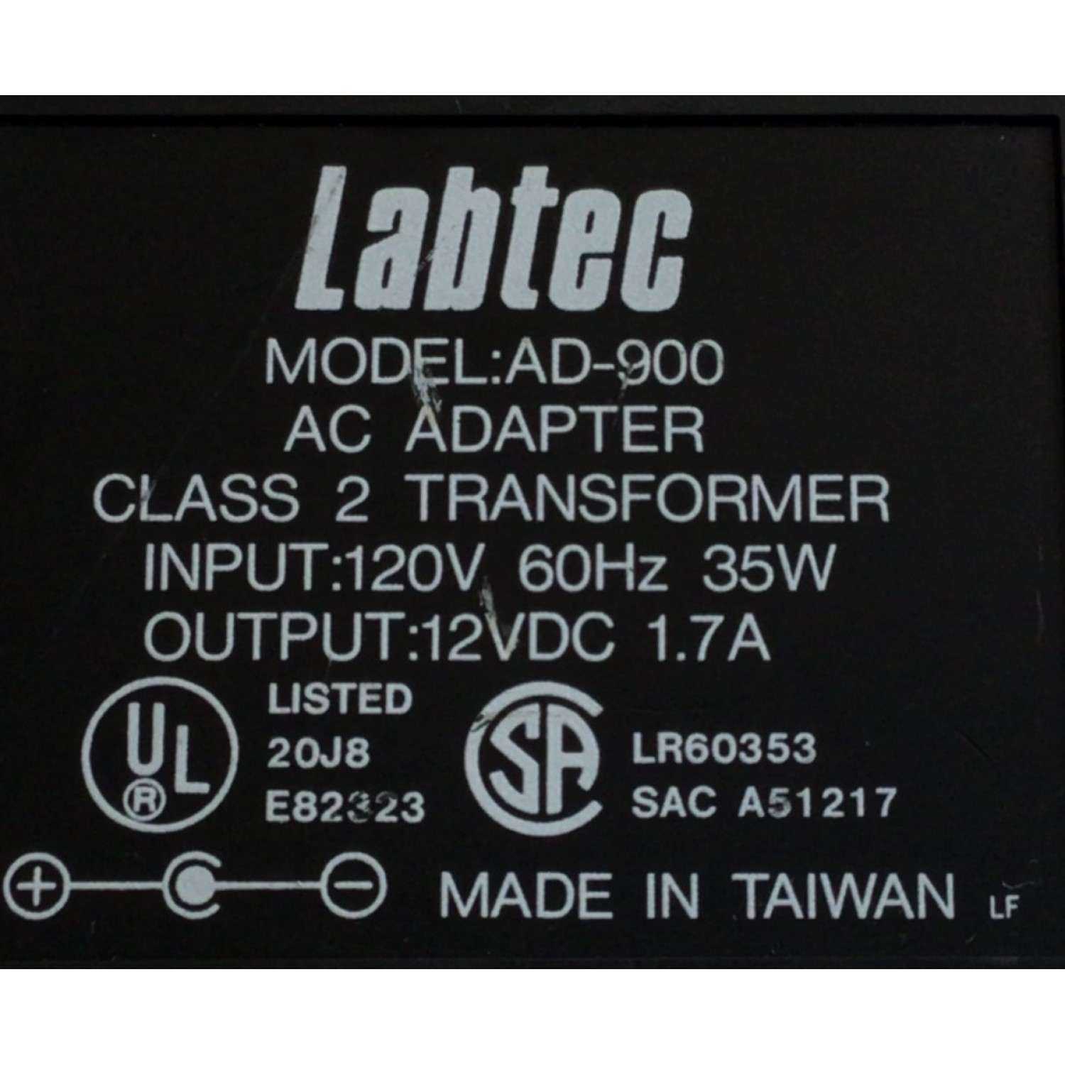 CARGADOR / ADAPTADOR DE FUENTE DE ALIMENTACION LABTEC VCA-VCD  / NUMERO DE PARTE AD-900 / E82323 / LR60353 / A51217 / ENTRADA VCA 120V 60HZ 35W / SALIDA VCD 12V 1.7A / MODELO AD-900 - Imagen 3
